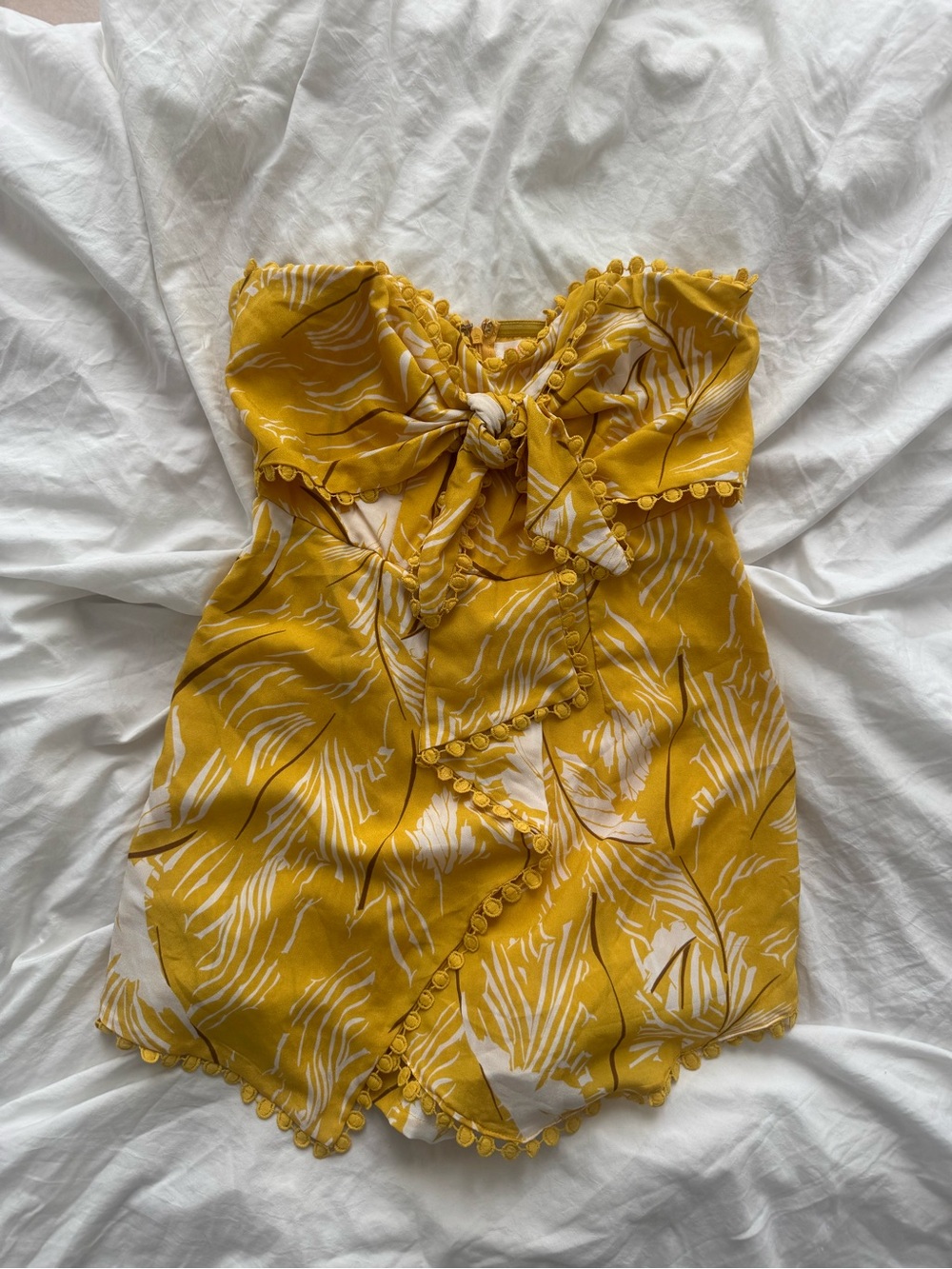 Yellow Printed Strapless Tie-Front Women’s Romper